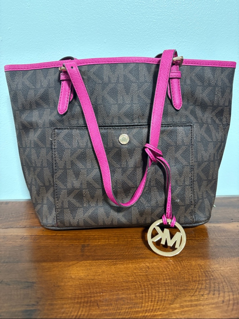 Michael Kors Brown Logo Tote with Pink Trim and Gold Charm